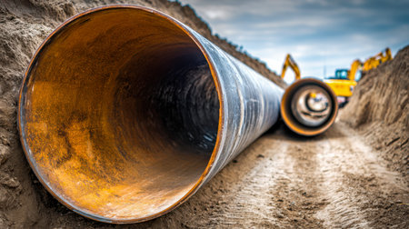 Massive corroded metal sections rest in a trench, as earth-moving machines operate beneath a moody, overcast sky at an active construction zone.の写真素材