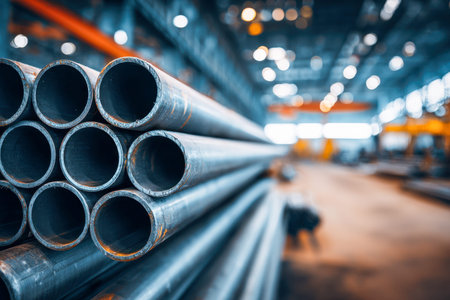 Vertical steel pipe bundles dominate the foreground, set against a sleek, contemporary warehouse...