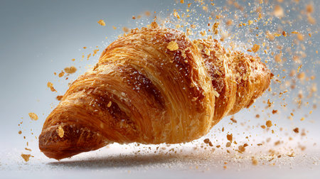 A warm, buttery croissant with crisp, layered exterior, accented by delicate crumbs and powdered...