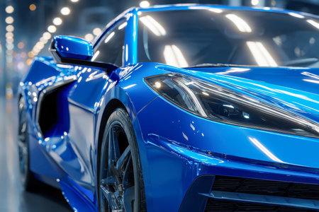 A striking cobalt-blue vehicle with smooth curves and sharp angles, showcased under bright lighting...