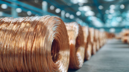 Rows of gleaming copper spools lay orderly across a vast warehouse floor, illuminated by vibrant blue lighting amid a softly blurred industrial backdrop.の写真素材