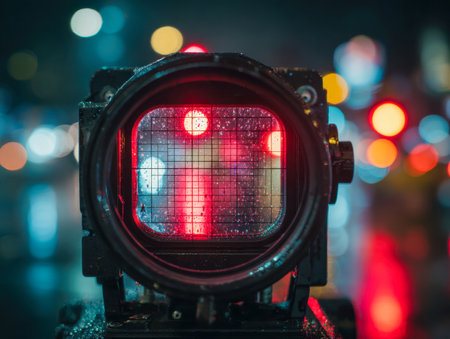 A moody cityscape at night blurred by raindrops on the lens, illuminated with vibrant hues reflecting on shimmering puddles, evoking a lively urban ambiance.の写真素材