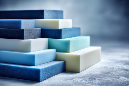 Vibrant foam segments neatly stacked on a textured base, set against a gentle blue gradient, perfect for showing colorful handcrafted or educational materials.の写真素材