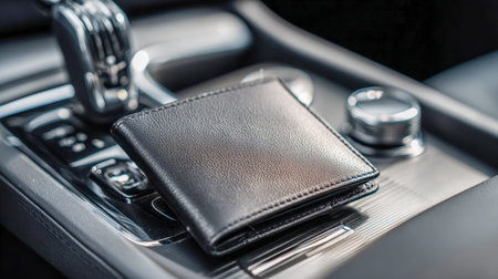 A sophisticated black leather wallet sits atop a refined center console, showcasing the vehicle's...