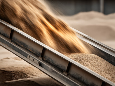 A bustling factory scene featuring a conveyor belt steadily moving a bright stream of fine golden material, casting warm highlights and forming small mounds on the fの写真素材