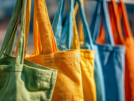 Vibrant handcrafted fabric totes in shades of green, yellow, blue, and orange line up against a neutral backdrop, highlighting eco-conscious choices for daily shoppiの写真素材