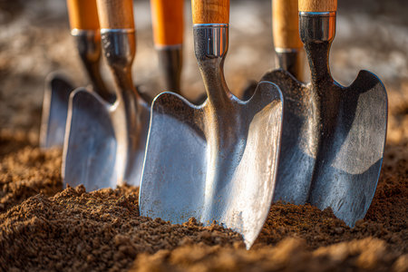 Bright sunlight illuminates a row of sturdy trowels with polished metal blades and warm wooden grips, poised upright in fertile earth, eager for garden tasks.の写真素材