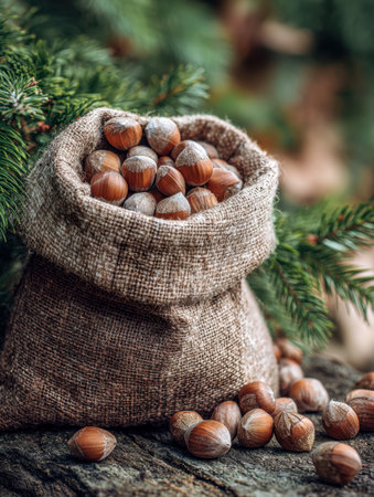 A cozy, textured sack brimming with ripe hazelnuts sits atop weathered wood, framed by vibrant pine foliage in a peaceful outdoor scene.の写真素材