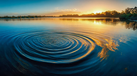 A tranquil morning scene with gentle ripples catching warm sunlight, forming concentric circles on...