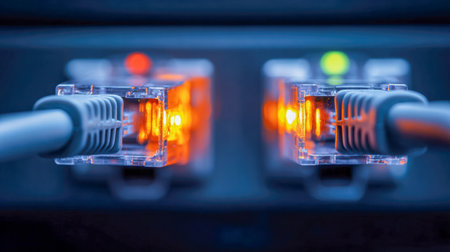 Two vibrant cables connect to a sleek switch, their illuminated indicators in blue and orange illustrating live data flow and seamless network activity.の写真素材