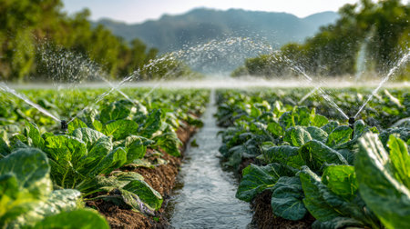 Vibrant green crops quench their thirst under a controlled spray, stretching across a thriving farmland framed by rolling hills and bright sunshine.の写真素材