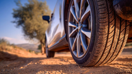 A close-up of a vehicle?s tire amid rough terrain, with a soft-focus backdrop of trees and landscape...