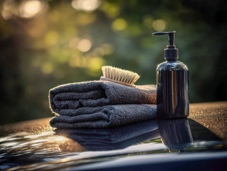 Elegant black linens are neatly layered alongside a rustic brush and a sleek dark dispenser, illuminated by golden sunlight on a reflective surface amidst a lush garden.の写真素材