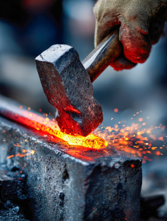 A seasoned artisan wearing sturdy gloves expertly molds fiery metal on an anvil, sending showering sparks as he passionately crafts a timeless masterpiece.の写真素材