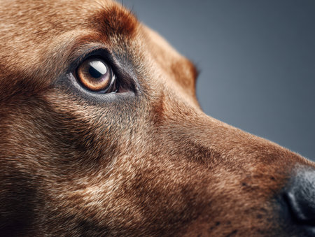 A close-up of a dog's soulful eye highlights gentle fur textures and subtle color shades, conveying deep emotion against a sleek gray backdrop.の写真素材