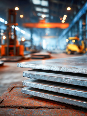 Rows of metal panels are neatly arranged in a vast warehouse, with towering machinery and overhead cranes softly out of focus, highlighting industrial efficiency.の写真素材