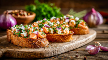 A charming wooden serve platter showcases elegant appetizer toasts layered with vibrant salmon dice, smooth cheese, fragrant herbs, and delicate red onion bits.の写真素材