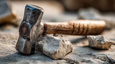 A weathered metal tool lies atop coarse stones, illuminated by golden light that highlights its rugged surface and handcrafted imperfections.の写真素材