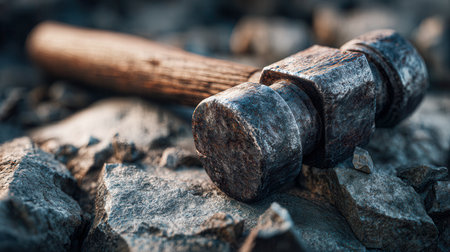A weathered hammer with a worn wooden grip sits atop rugged gray stones, evoking themes of craftsmanship, outdoor labor, and enduring strength in rough terrain.の写真素材