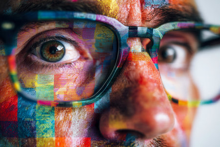 A vividly portrayal capturing a man's gaze, where glasses mirror a burst of colorful digital pixels, illustrating the harmony between human expression and technologicaの写真素材
