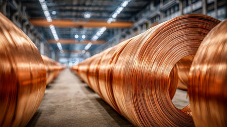 Brightly illuminated warehouse features rows of gleaming copper coils arranged in tidy stacks beneath a robust steel ceiling frame, reflecting a high-capacity maの写真素材