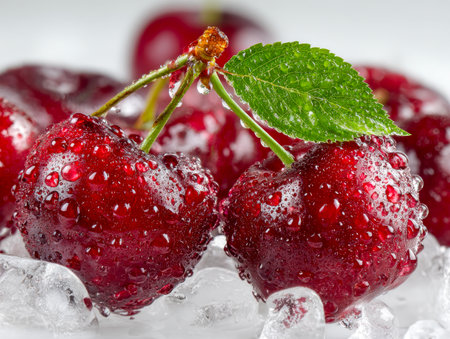 Juicy red cherries with dewy surfaces nestled among lush green leaves, chilled on a bed of ice cubes, evoking cool, vibrant summer fruit freshness.の写真素材