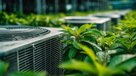 Vibrant greenery shades sleek outdoor cooling systems, with blurred foliage showcasing modern landscaping and highlighting the precise engineering of ventilation fanの写真素材