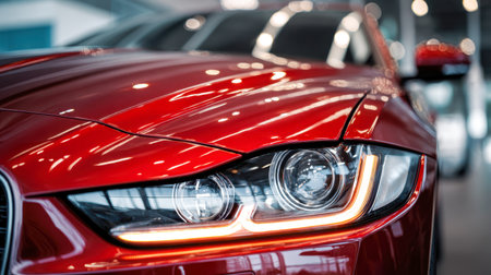 A vibrant red sports car with sharp led illumination, glaming under bright showroom lighting, showcasing its refined contours, fluid lines, and a polished glossy fiの写真素材