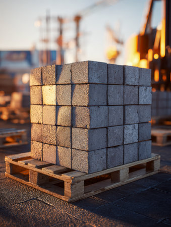 Warm sunlight bathes a precise pile of concrete units on wooden support, set against a soft-focused backdrop of construction cranes and supplies at dusk.の写真素材