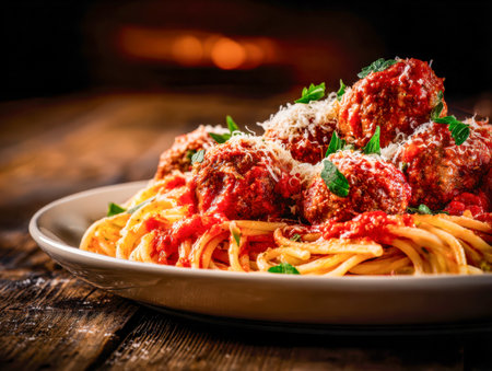A hearty serving of seasoned meatballs nestled among glossy pasta strands, draped in vibrant tomato sauce and garnished with bright parsley, set against a cozy, rustの写真素材