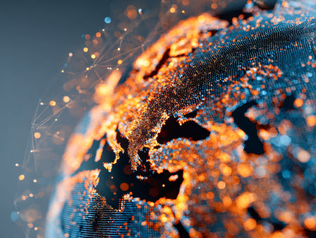 A futuristic digital visualization showcasing a luminous web of data connections across Europe and nearby areas, with vibrant blue and orange illuminated nodes and dの写真素材