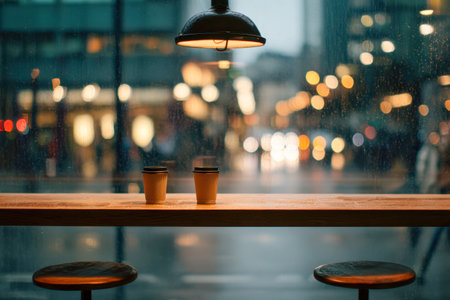 Gentle dusk glow illuminates steaming coffee cups on a rustic counter, rain drizzles down a nearby window, and city lights shimmer softly in the blurred skyline.の写真素材