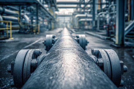 A close-up reveals a massive network of interconnected pipes and flanged joints amidst intricate...