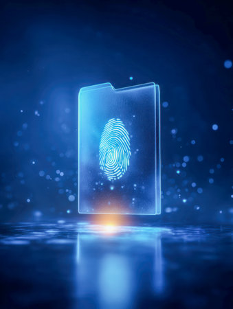 A luminous digital folder symbol illuminated in blue hues, featuring a prominent fingerprint scan, embodied cutting-edge biometric security within a sleek, high-tecの写真素材
