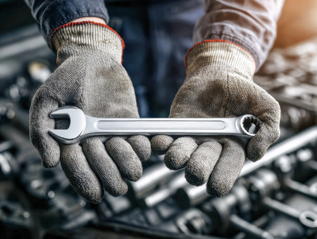 A technician's gloved hands grasp a polished steel wrench amidst an out-of-focus assortment of tools, ready for precise repair and upkeep tasks.の写真素材