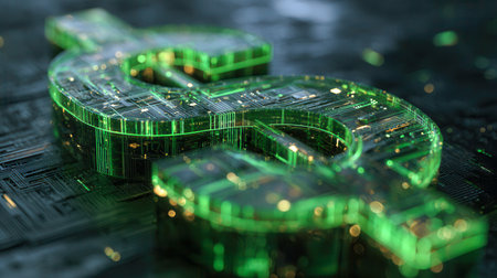 A luminous emerald dollar sign embedded within an intricate, high-tech circuitry layout, evoking a sense of digital wealth and cutting-edge financial tech amidst adの写真素材