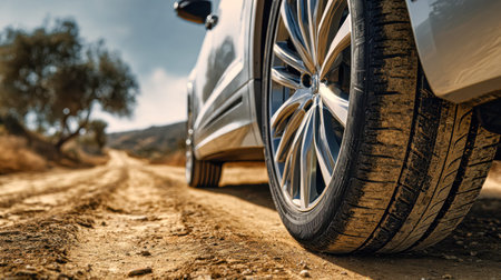 A reflective tire presses into earthy terrain, amid a parched landscape of sparse trees beneath a...