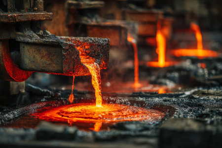 Blazing orange liquid metal cascades into molds amidst an active foundry, capturing intense heat and dynamic movement during large-scale metal fabrication.の写真素材