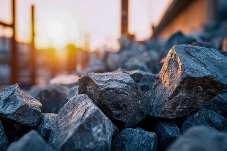 Weathered gravel stones form rugged stacks beneath a golden sunset, their coarse textures illuminated by warm rays, evoking industrial resilience and natural beauty.の写真素材