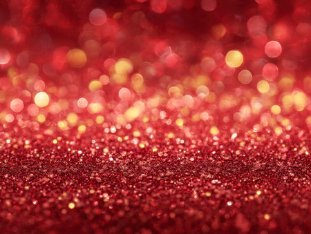 A radiant display of crimson and gleaming gold hues, filled with sparkling particles and soft-focus light circles, evoking opulence and joyful festivities.の写真素材
