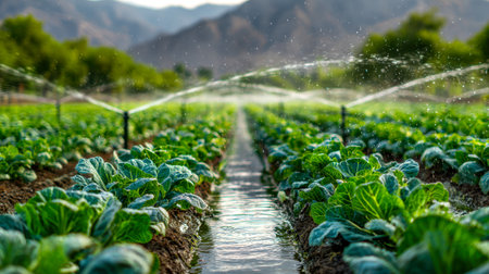 A vibrant farm scene featuring automated sprinklers evenly irrigating thriving vegetable crops, with majestic mountains and dense woodland framing a sunny, peacefulの写真素材