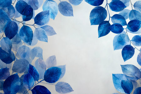 A captivating composition of luminous blue glass-like leaves with intricate vein patterns, set against a gentle beige backdrop, ideal for elegant nature-inspired proの写真素材