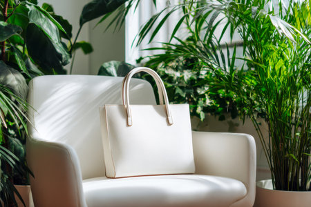 A chic beige purse is delicately positioned on a sleek white armchair, flanked by vibrant green foliage, bathed in warm, natural sunlight, creating a fresh, stylishの写真素材