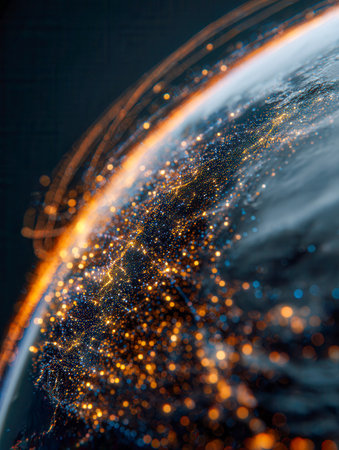 Luminous data pathways ripple across a digital Earth, illustrating a seamless web of connectivity that embodies modern communication and technological integration woの写真素材