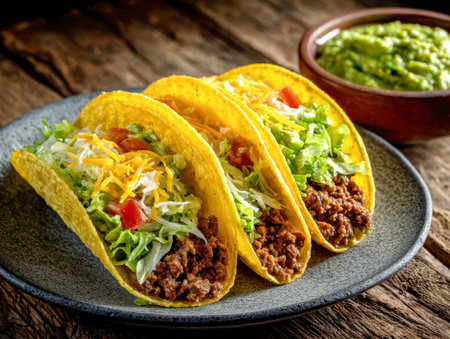 Crunchy taco halves brimming with savory beef, crisp greens, ripe tomatoes, and melted cheese, presented on a rustic dish alongside a creamy bowl of guacamole.の写真素材