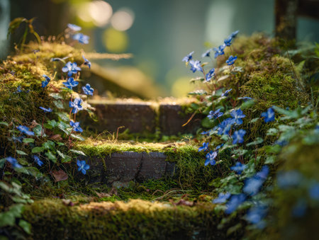 A tranquil forest scene featuring aged stone stairs blanketed in lush moss, edged by gentle blue blossoms, bathed in soft sunlight and complemented by dreamy blurredの写真素材