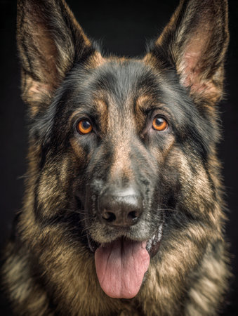 A regal German shepherd, showcasing piercing amber eyes and a lively tongue, posed gracefully against a deep, shadowed backdrop that highlights its noble stature.の写真素材