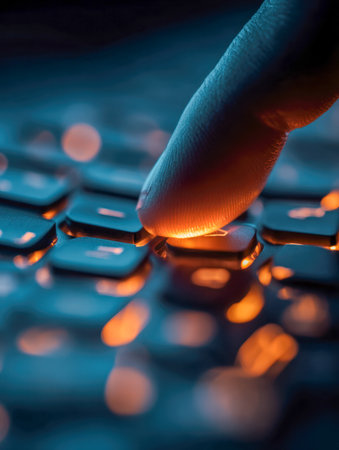 A solitary digit activates a luminous button amid a futuristic setup, with vibrant blue and orange lighting creating a sleek, cyber-inspired atmosphere for digital tの写真素材