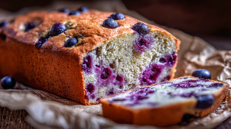 A moist, golden-brown blueberry bread rests on parchment paper, dotted with juicy berries, exuding...