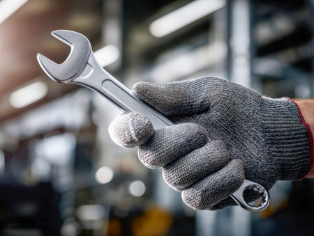 A craftsman grips a sturdy metal wrench, donning safety gloves, amidst a bustling workshop with...